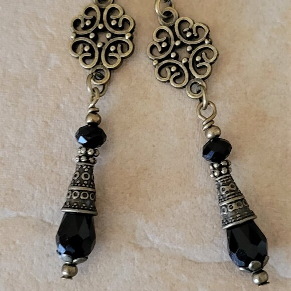 Black Crystal Teardrop Earrings, Etched Bronze Tone Cone Lever Back Ear wires - Picture 2 of 5